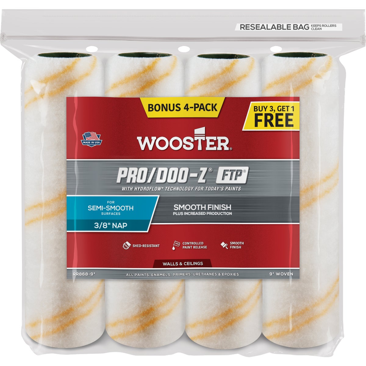 Wooster Pro/Doo-Z FTP 9 In. x 3/8 In. Woven Fabric Roller Cover (4-Pack)