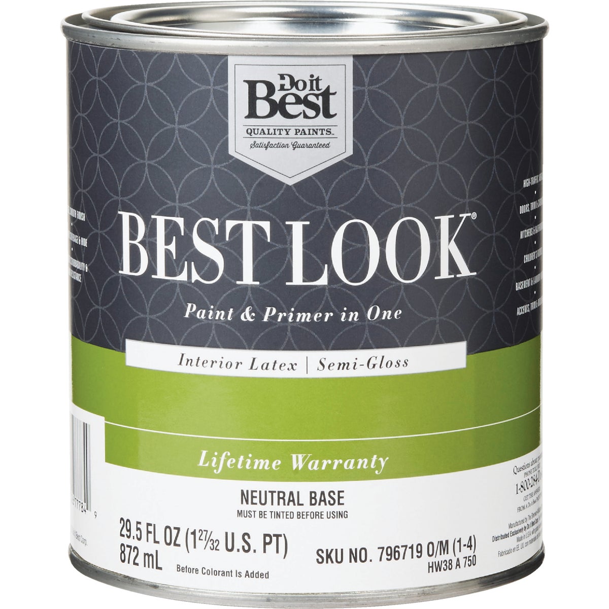 Best Look Latex Premium Paint & Primer In One Semi-Gloss Interior Wall Paint, Neutral Base, 1 Qt.