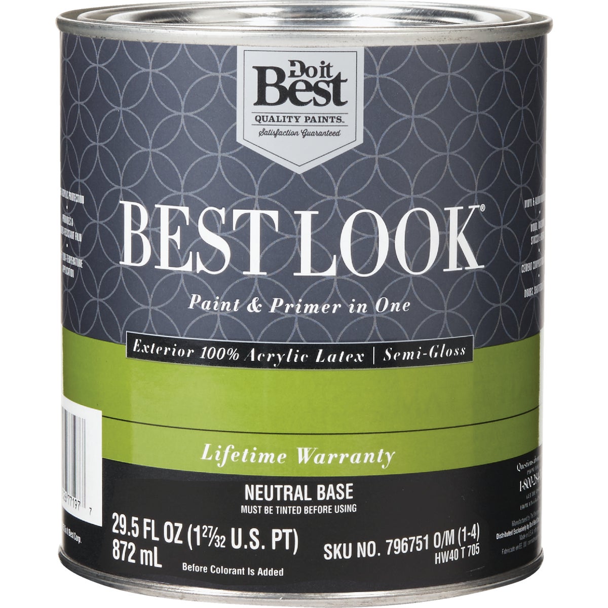 Best Look 100% Acrylic Latex Premium Paint & Primer In One Semi-Gloss Exterior House Paint, Neutral Base, 1 Qt.