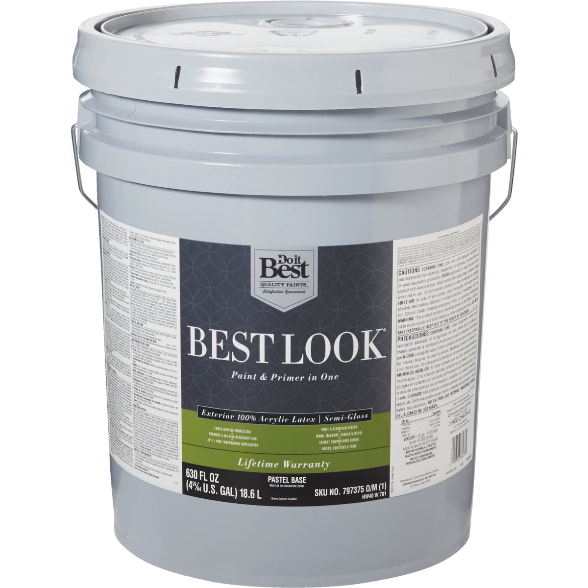 Best Look 100% Acrylic Latex Premium Paint & Primer In One Semi-Gloss Exterior House Paint, Pastel Base, 5 Gal.