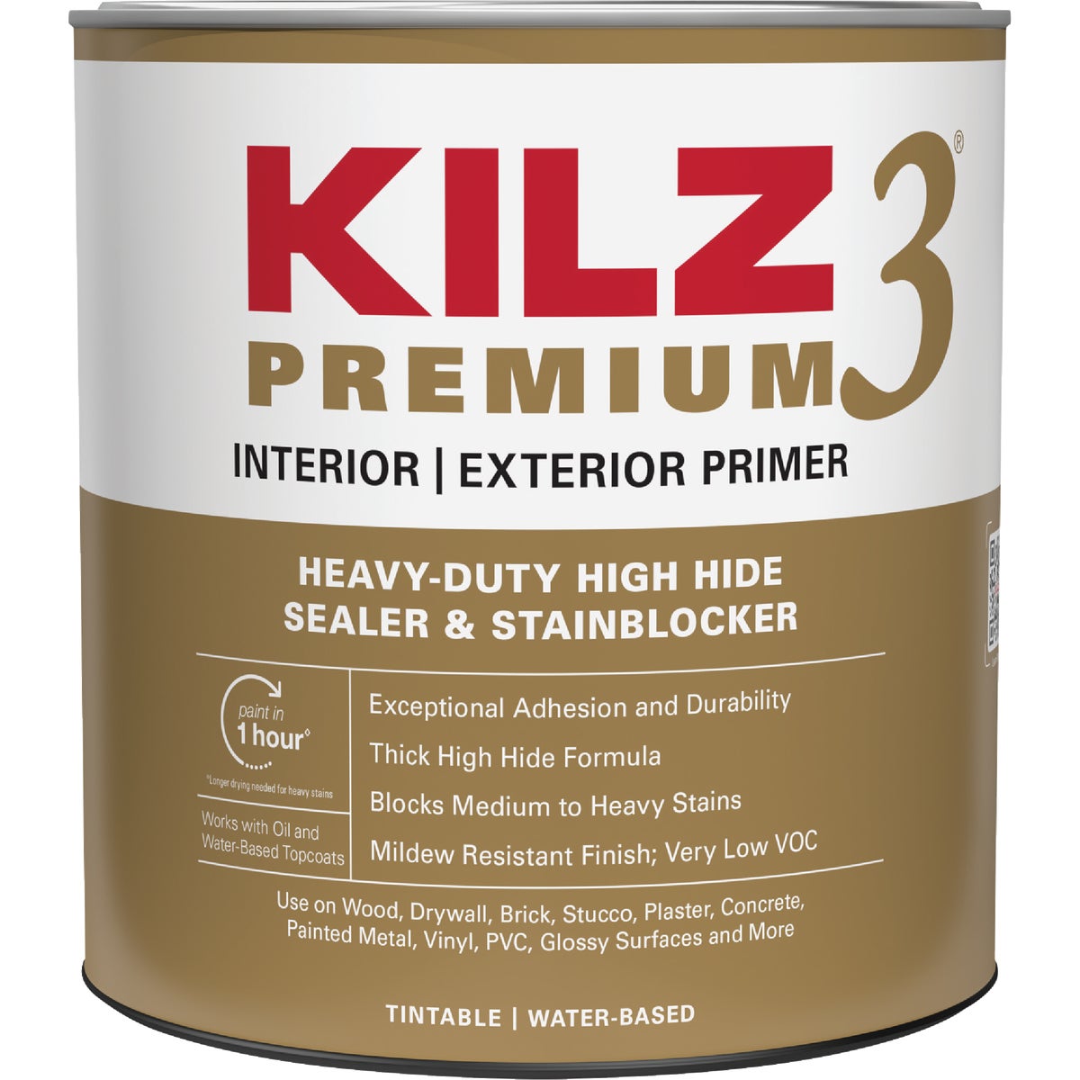 KILZ 3 Premium Water-Base Interior/Exterior Sealer Stain Blocking Primer, White, 1 Qt.