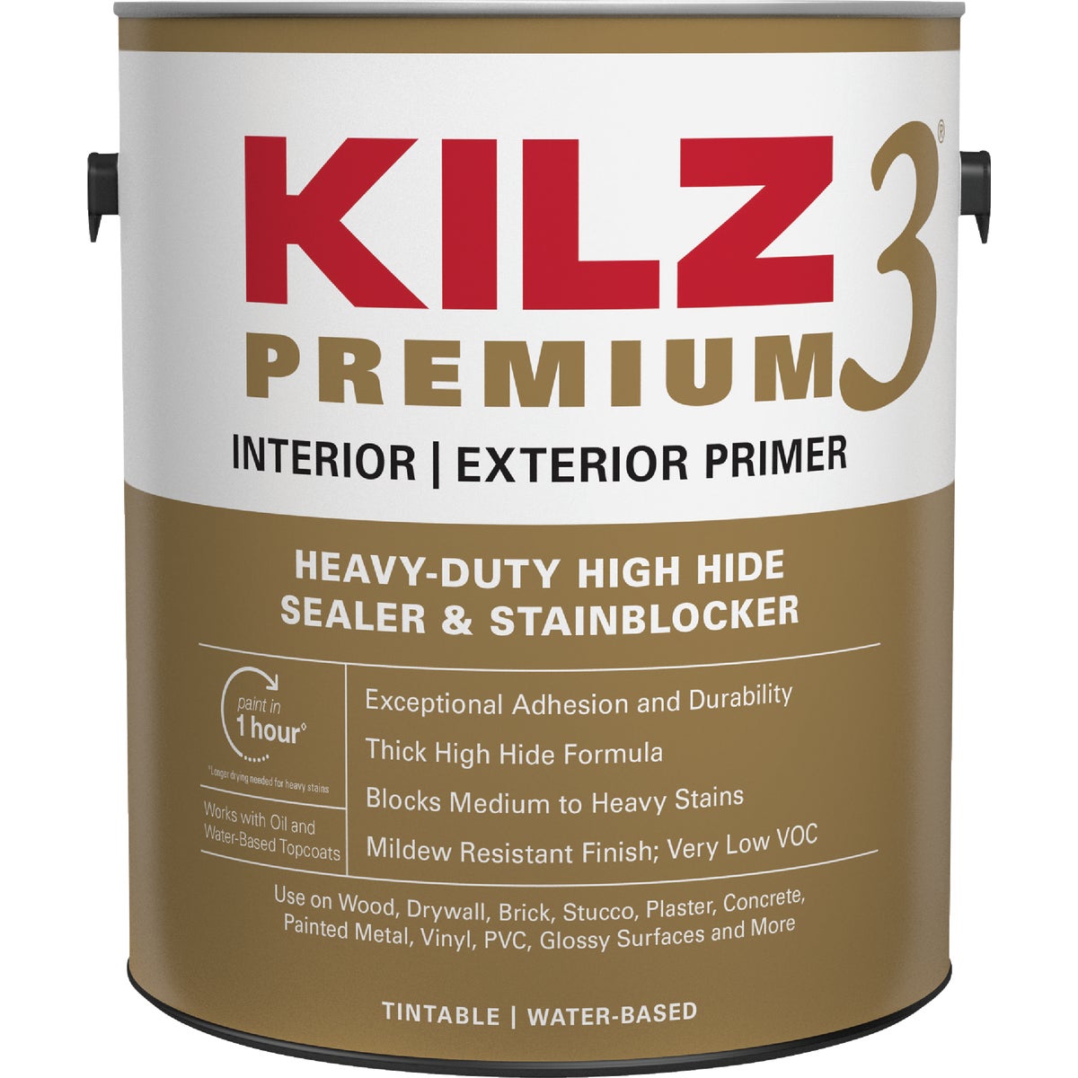 KILZ 3 Premium Water-Base Interior/Exterior Sealer Stain Blocking Primer, White, 1 Gal.