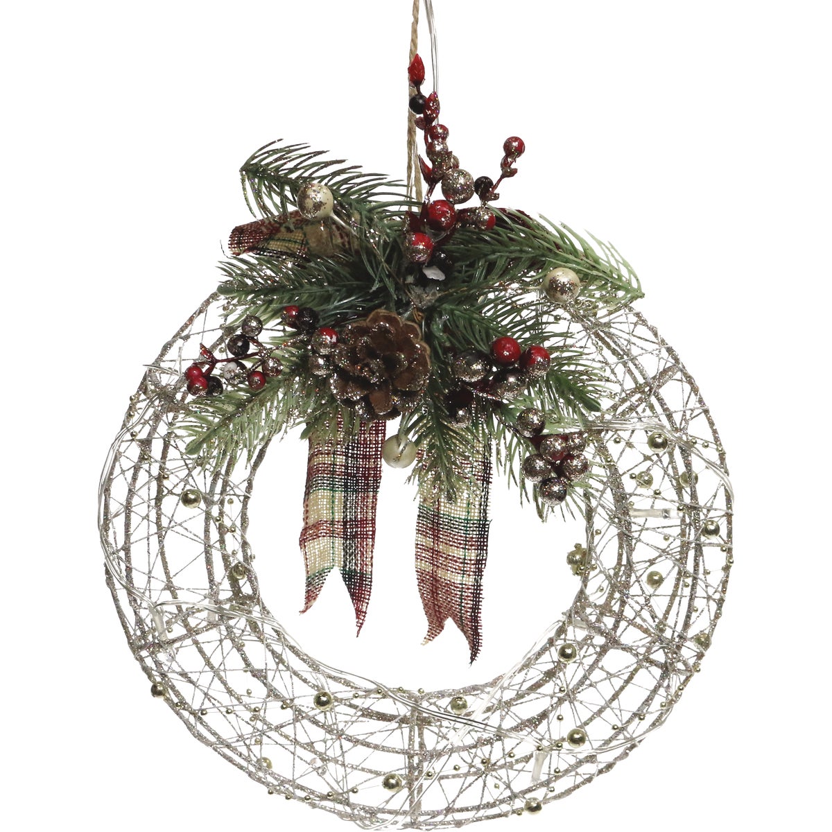 Alpine 10 In. L. x 4 In. W. x 11 In. H. LED Gold Wire Christmas Wreath