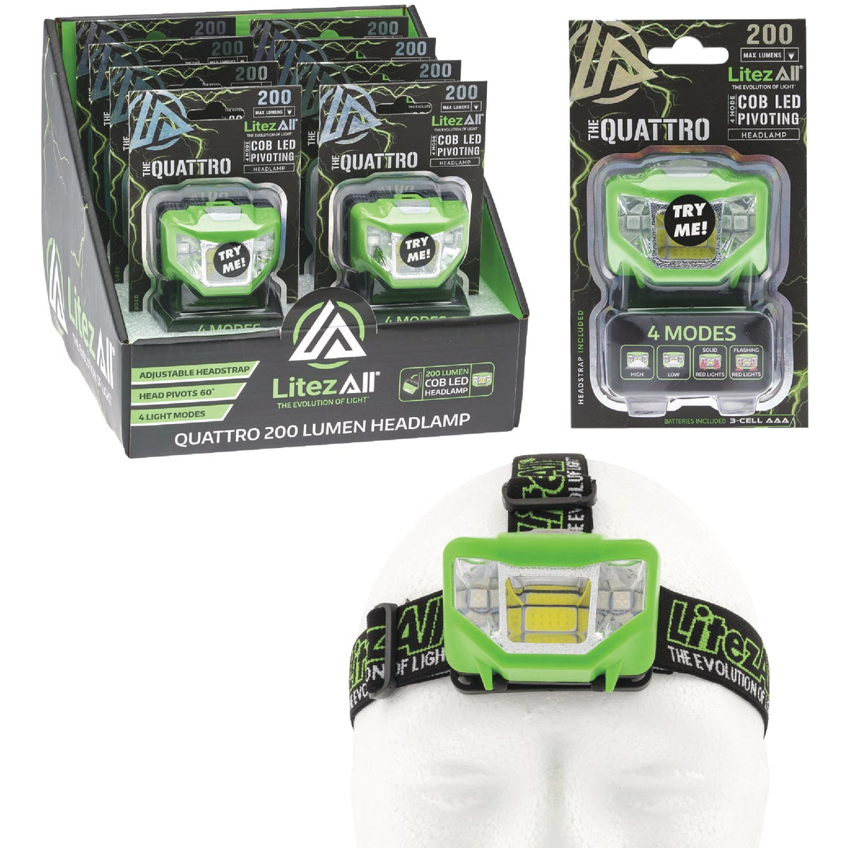 LitezAll Quattro 200 Lm. LED 3AAA 4-Mode Headlamp