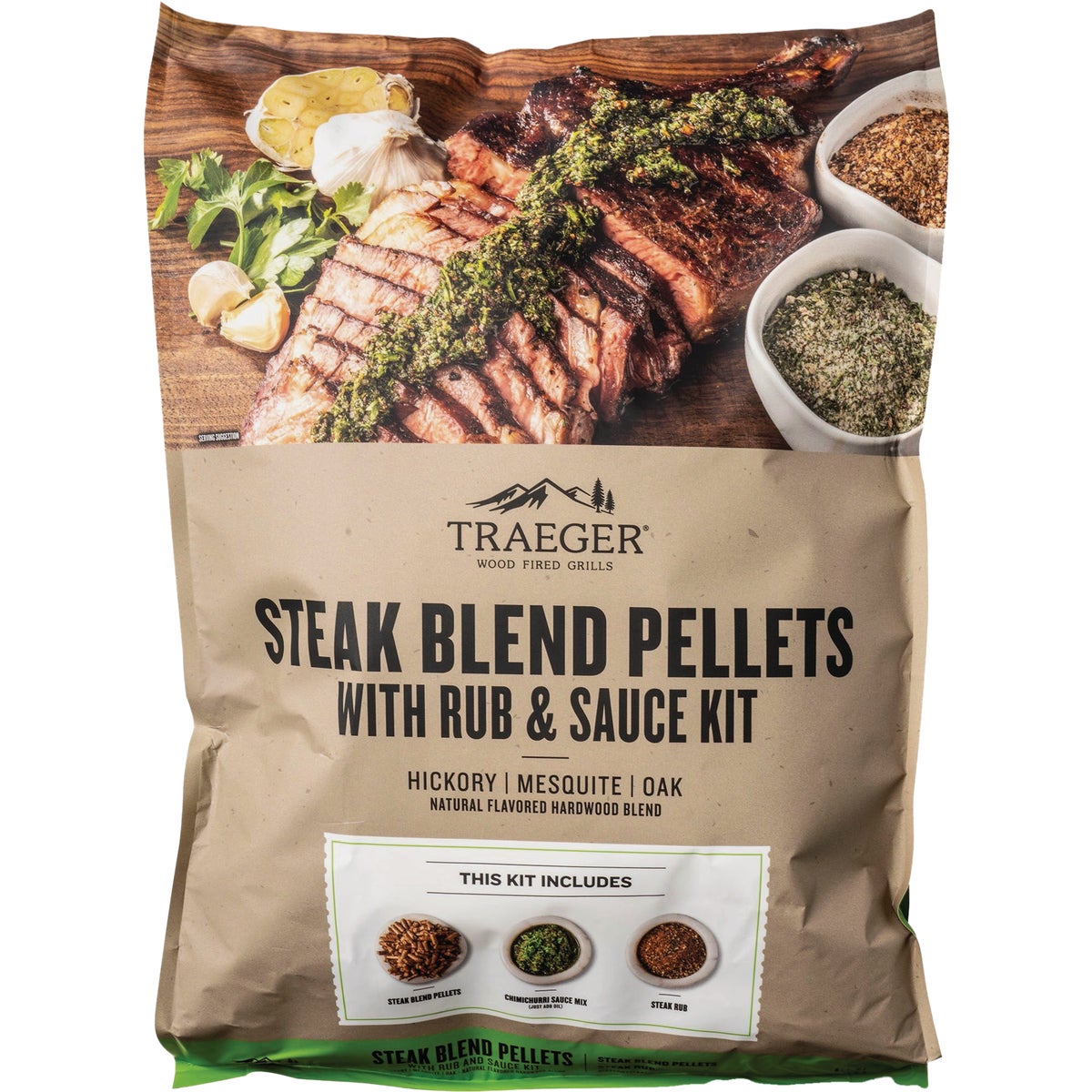 Traeger 18 Lb. Ultimate Steak Blend All-Natural Wood Grilling Pellets with Rub & Sauce Kit