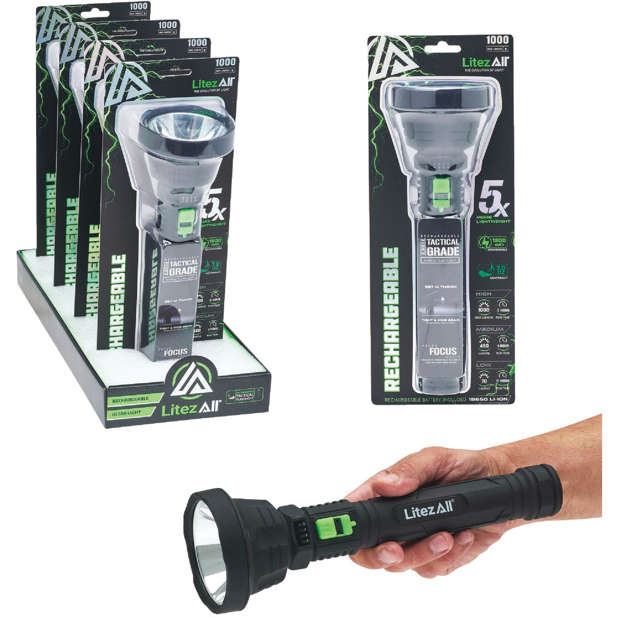 LitezAll Ultac2 LED 1000 Lm. Ultra-Lite Soft-Touch Tactical Rechargeable Flashlight