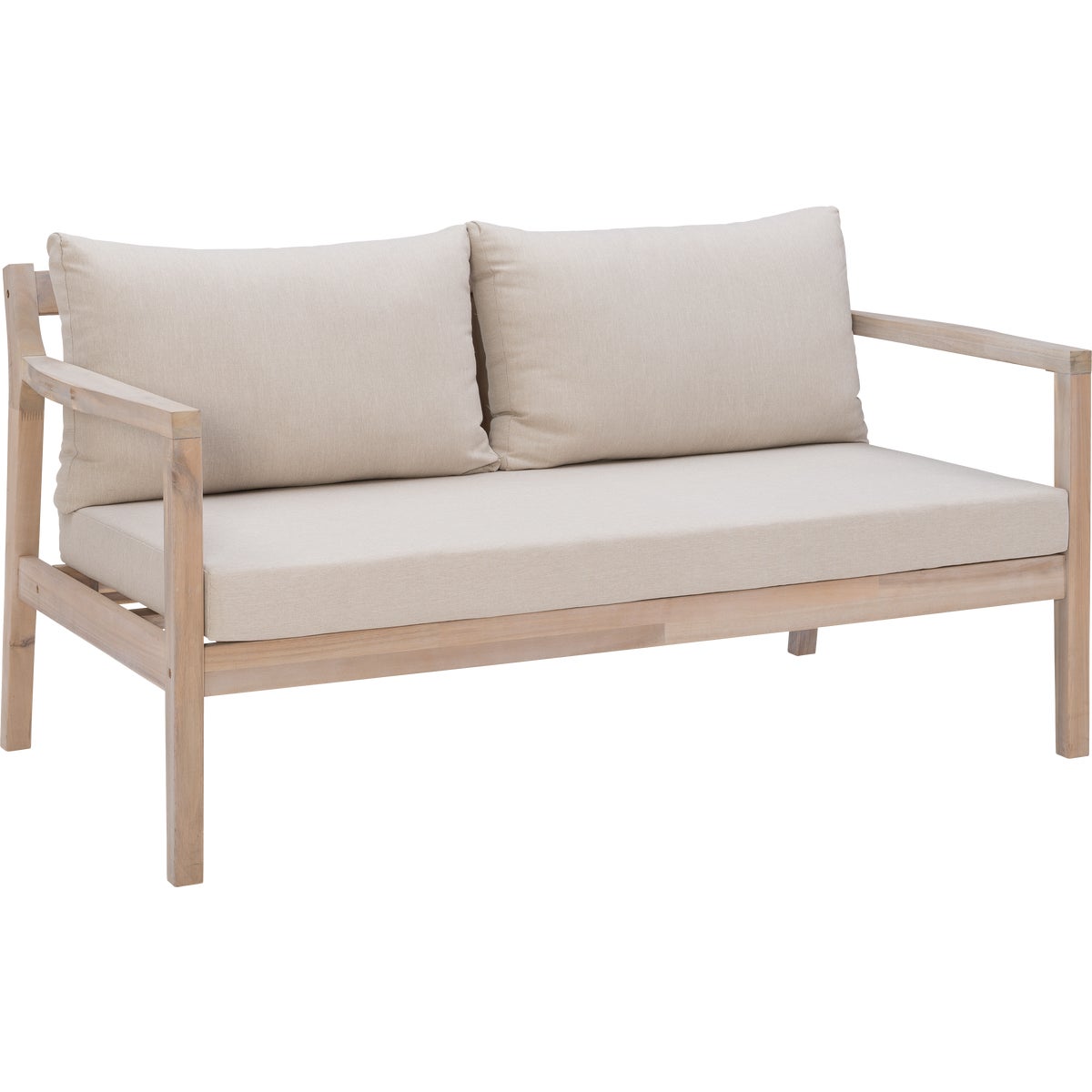 Linon Svana 58.25 In. W. x 31 In. D. Natural Finish Wood Sofa with Beige Cushions
