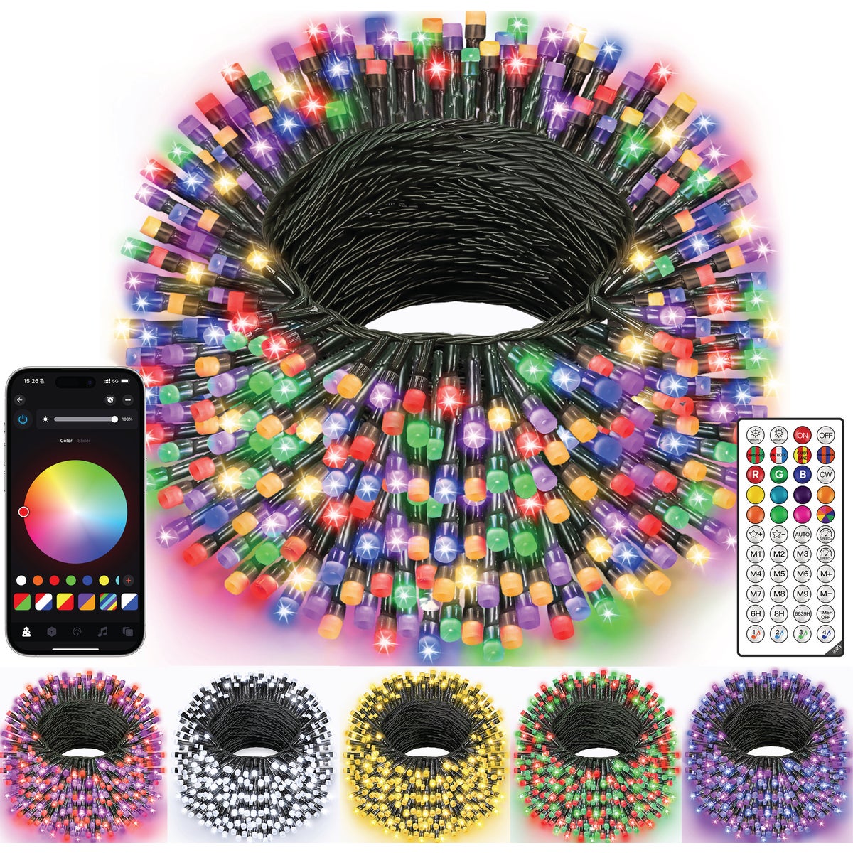 Ollny Color Changing 300-Bulb LED Smart RGBIC String Light Set