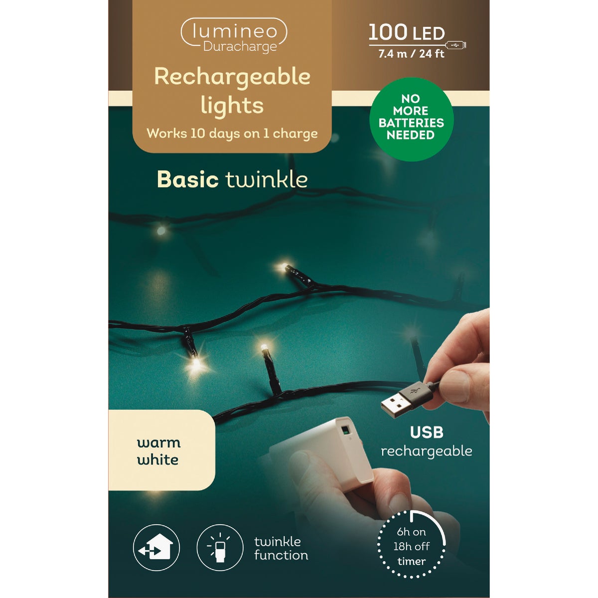 Lumineo Duracharge 24.3 Ft. Warm White LED Rechargeable Light Set