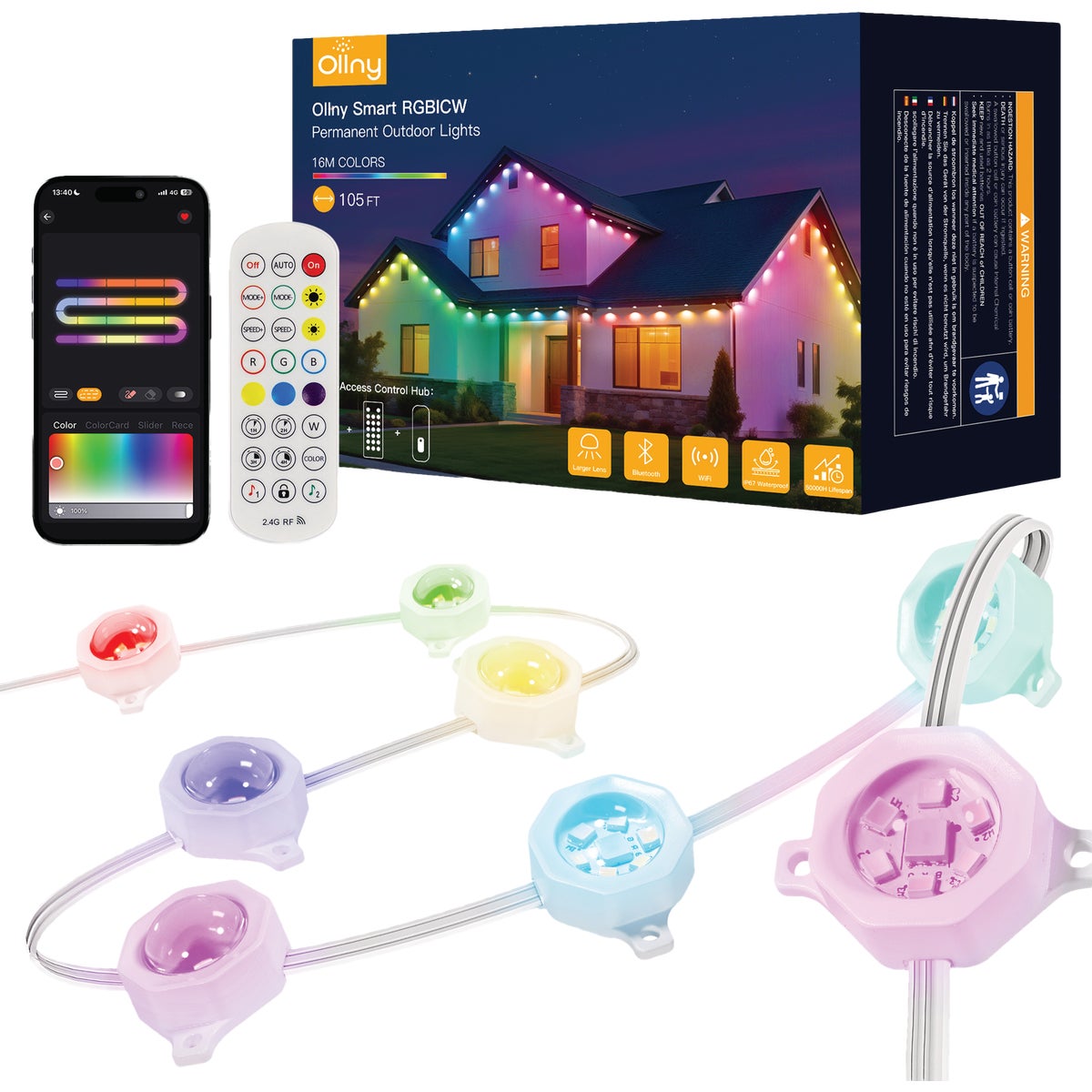Ollny 105 Ft. RGBICW LED Smart Permanent Outdoor Light Set