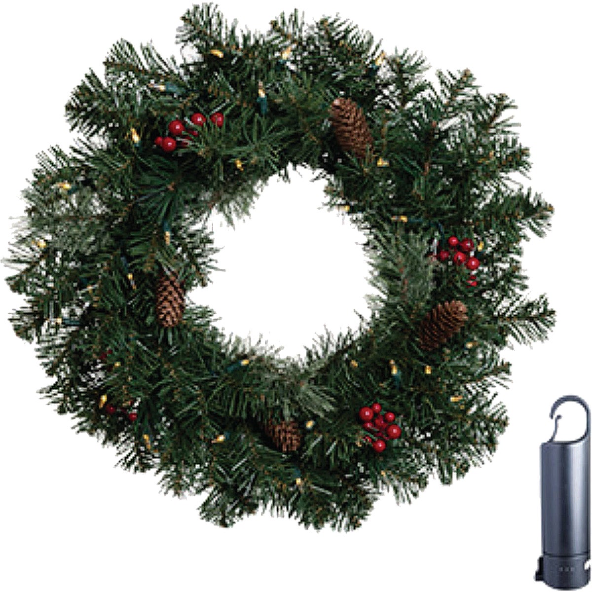 Holiday Bright Lights 24 In. Warm White/Multi Rechargeable LED Mixed Pine Wreath with Power Bank